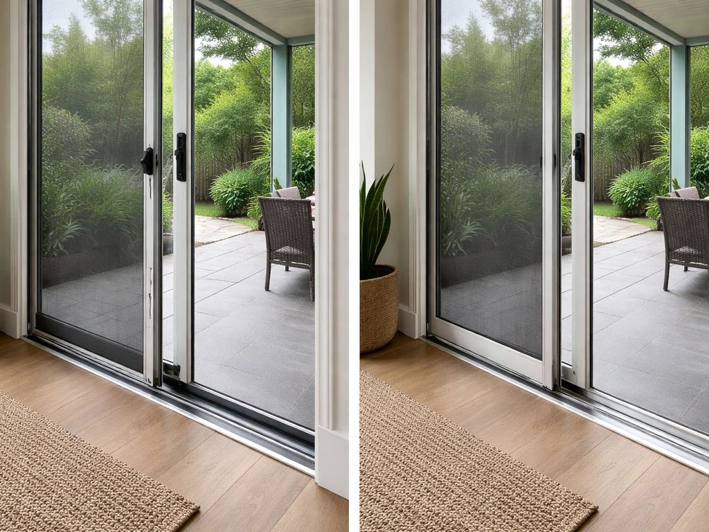 Basic sliding screen door and a retractable screen housing mounted on a door frame, visible track and walkway.