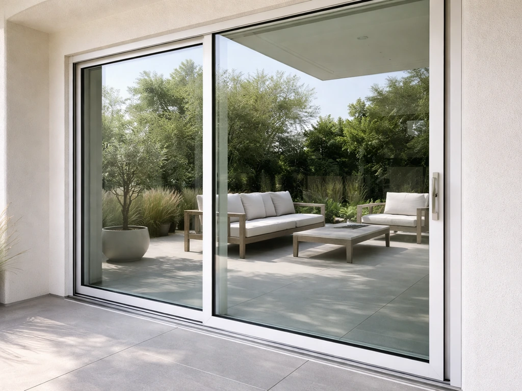 Modern patio with a premium sliding patio door, large glass panels, and visible track hardware in natural light.