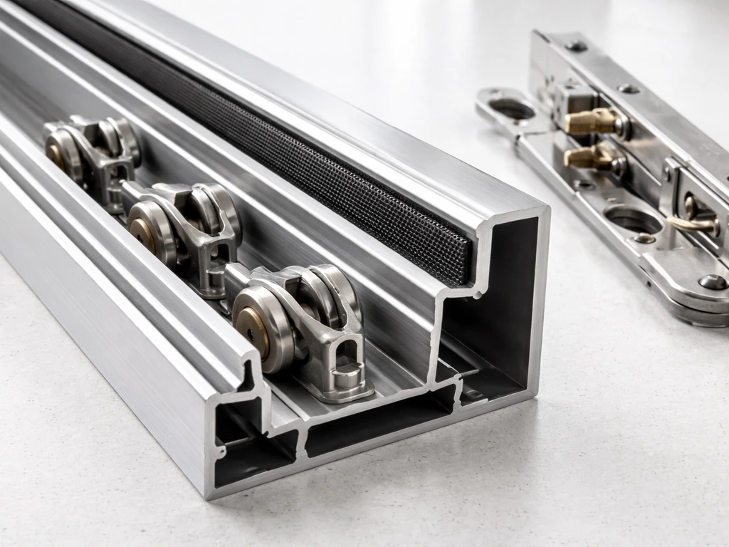 Macro close-up of premium sliding patio hardware showing aluminum track, rollers, multipoint lock, and screen track.