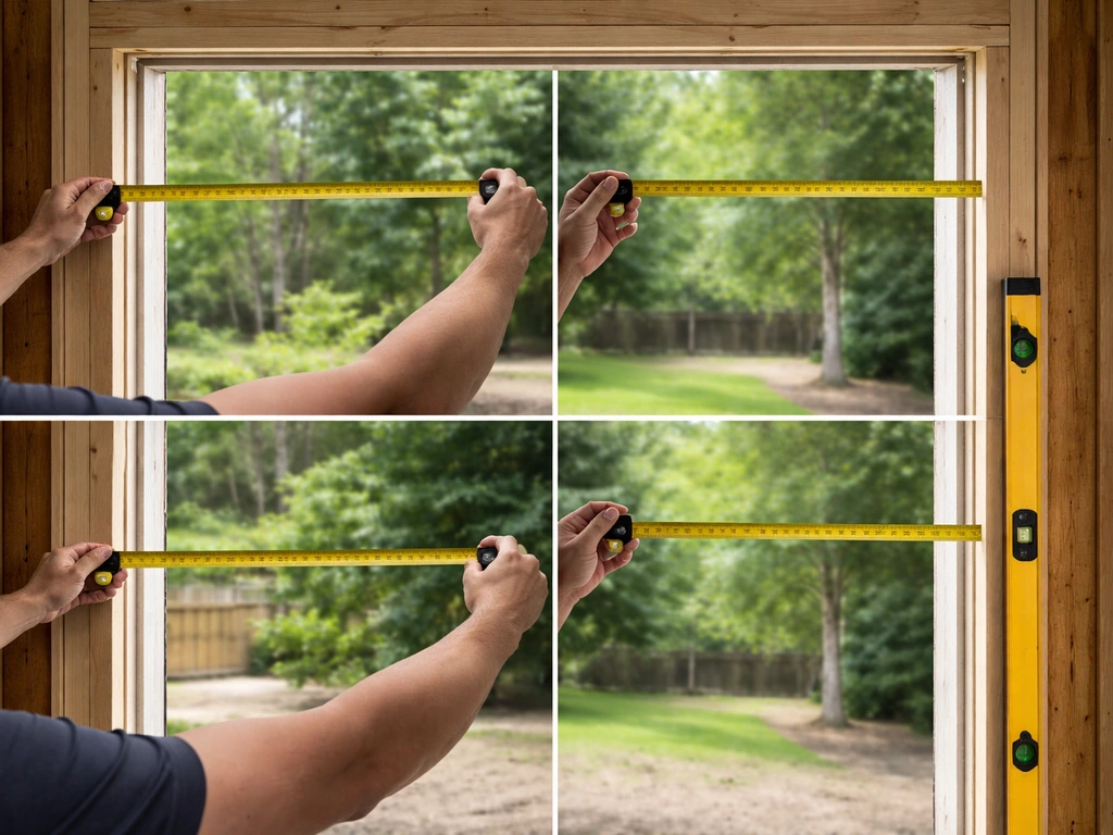 Hands measuring a sliding patio door rough opening with a tape measure and a spirit level for plumb.