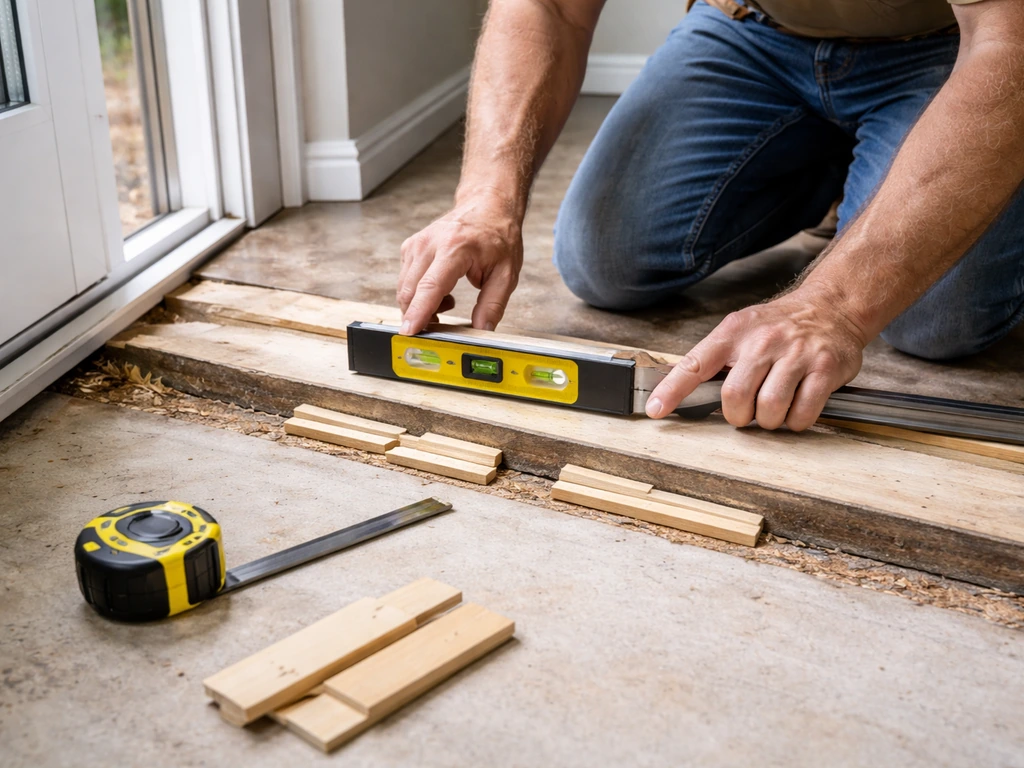 Contractor checks sill alignment with a level and shims before installing a sliding patio door.