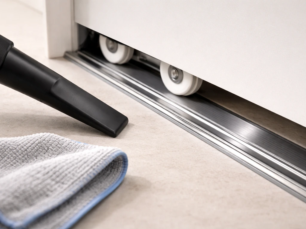 Vacuum and damp cloth cleaning a sliding door track, with rollers neatly dressed for smooth glide
