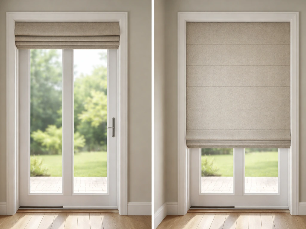 Roman blind on a patio door shown raised with neat pleats and fabric coverage.