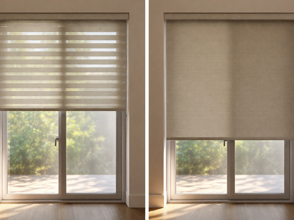 Patio door with roller blind set to daytime privacy on one side and darker night coverage on the other.