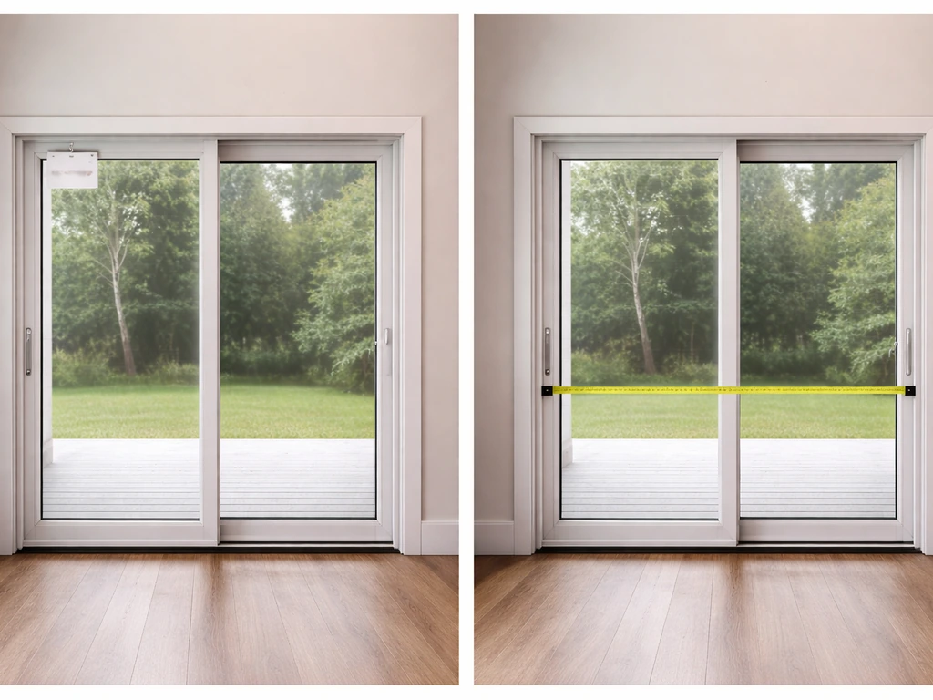 Side-by-side patio door units comparing an out-of-focus call-size tag area and a jamb-to-jamb tape measure.