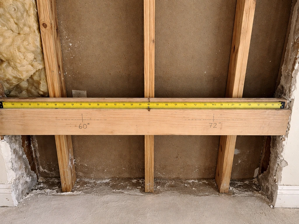 Close-up of a sliding patio door rough opening layout with markings for two door widths on a leveling board.