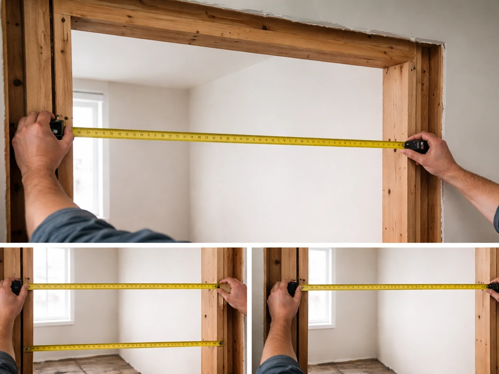 DIYer measuring a rough door opening with a tape measure after removing interior trim, three heights checked.
