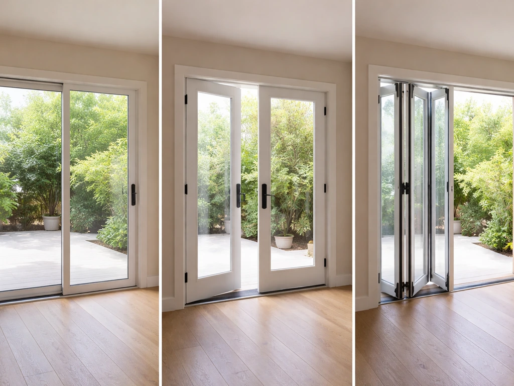 Split-scene comparison of sliding, French, and bifold patio door types in simple, realistic home settings.