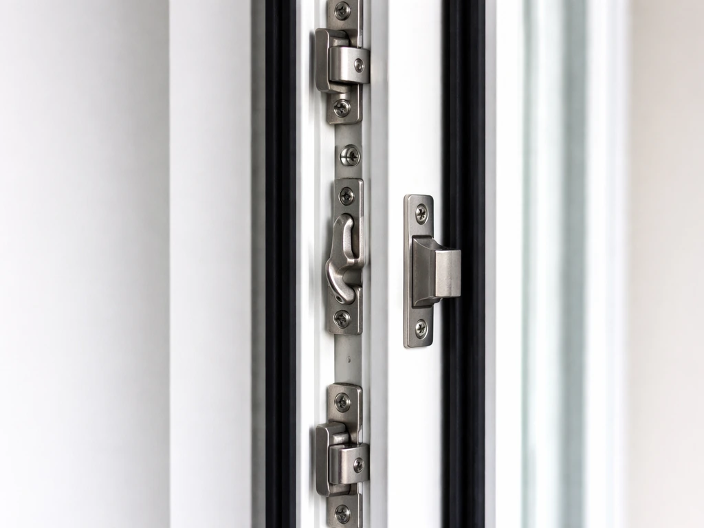 Close-up of patio door multi-point locking hardware and strike plates for security
