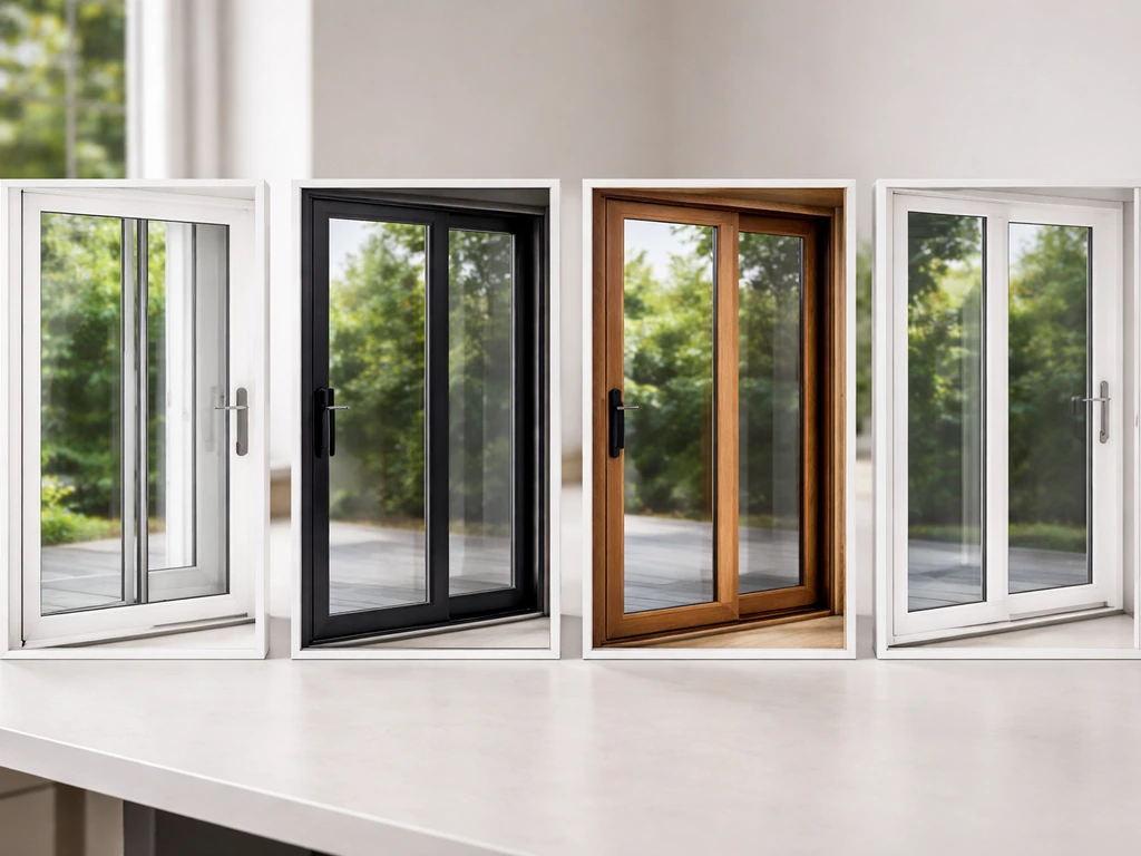 Four minimal patio door product-front photos on a clean table, subtly spaced like shortlist cards.