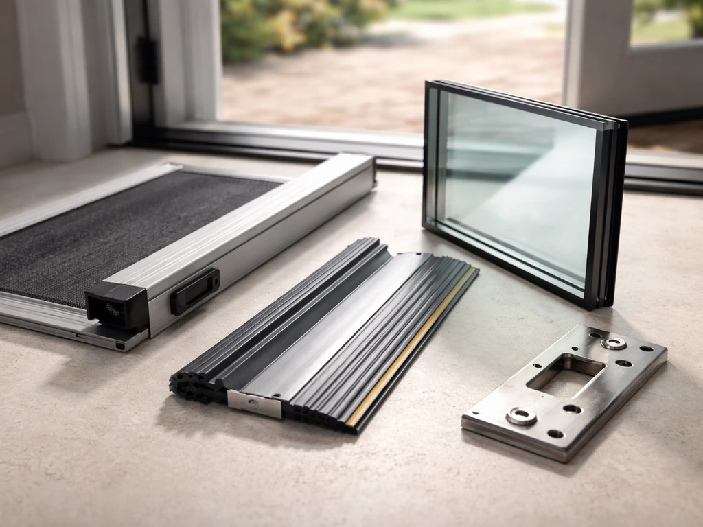 Close-up of retractable screen, low-e glass, threshold seal, and security hardware on a simple work surface.