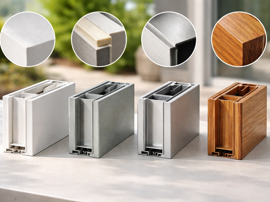 Four patio door frame material samples (vinyl, fiberglass, aluminum, wood) side-by-side with small finish details.