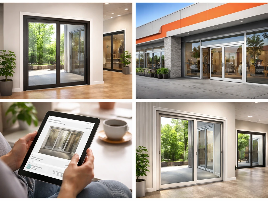 Four-panel side-by-side scene showing local dealer, big-box store, online browsing, and manufacturer showroom patio door