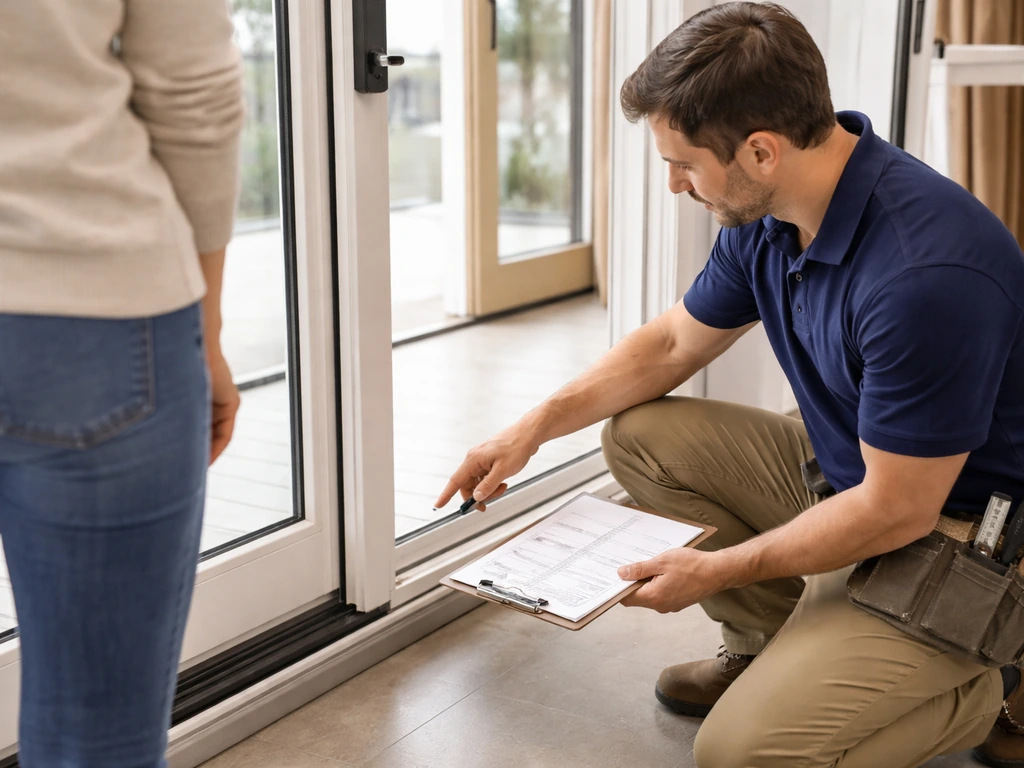 Technician and homeowner in a showroom examining a patio door with measured opening details
