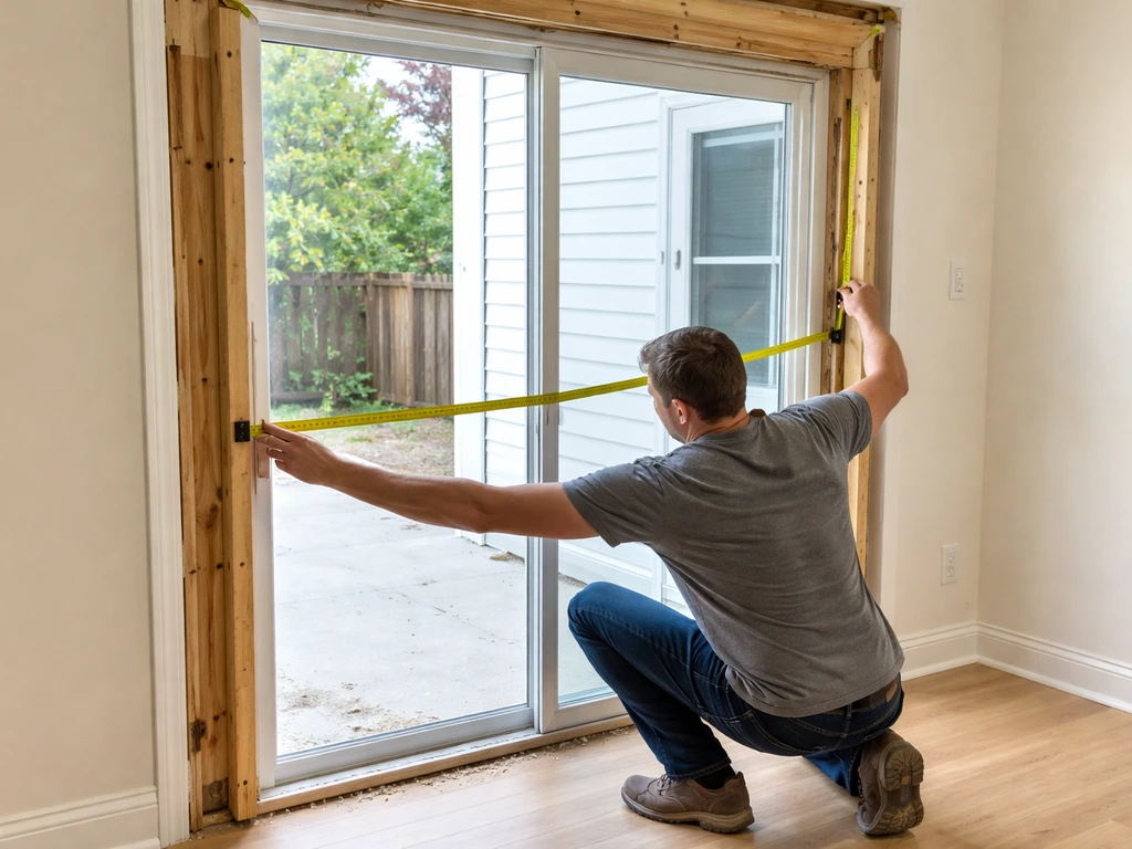 Homeowner kneeling and using a tape measure to check patio door rough opening width and height.