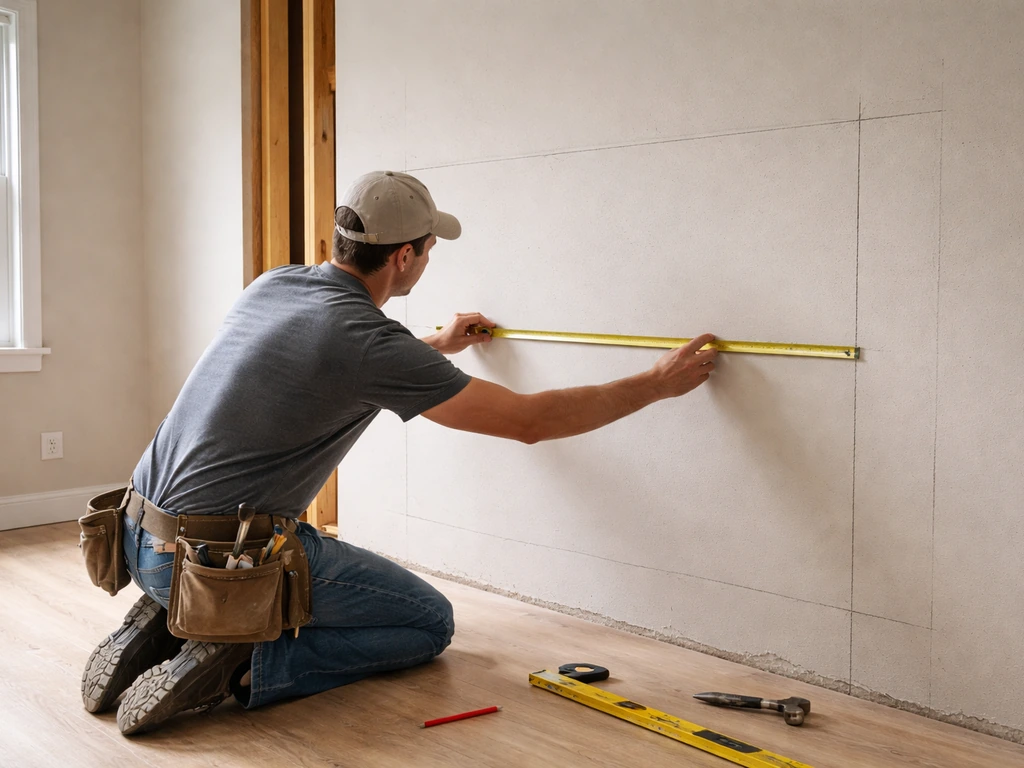 Contractor measuring and marking a rectangular rough opening on an interior wall for a patio door.