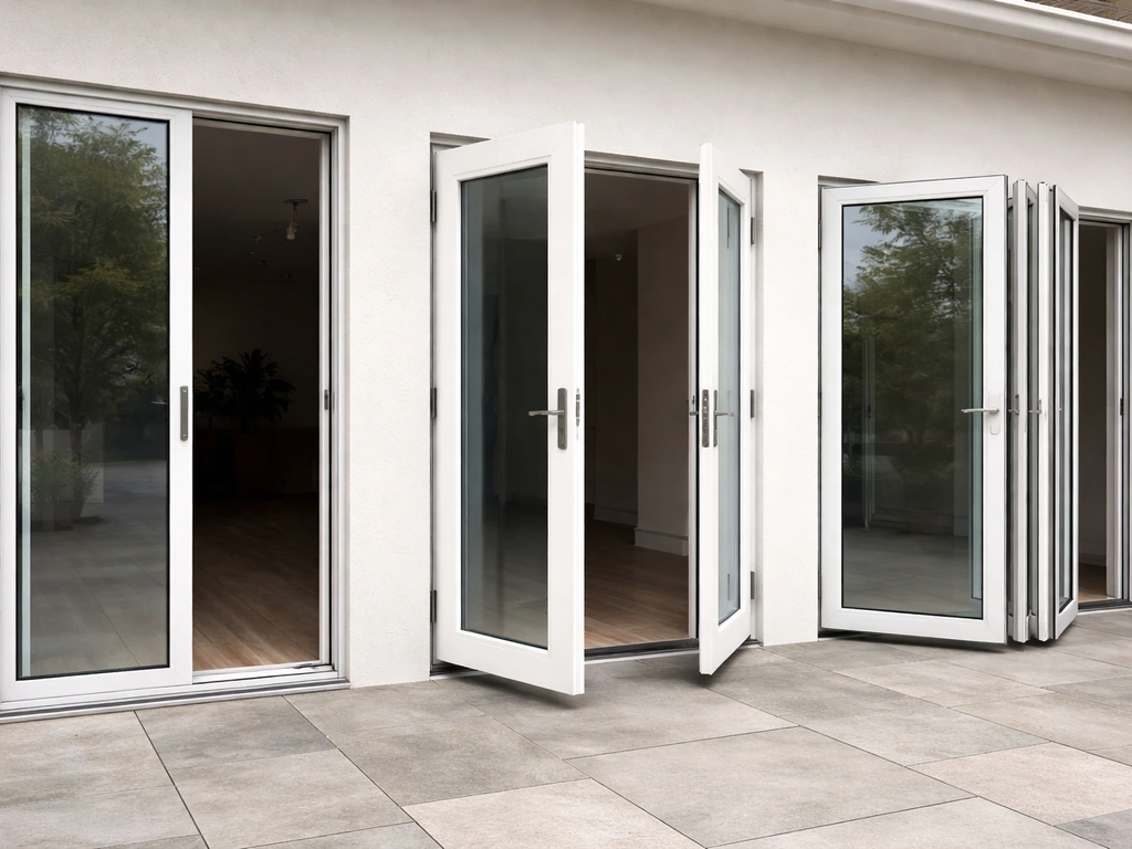 Minimal view of three patio door operation types: sliding track, swinging French doors, and folding panels.