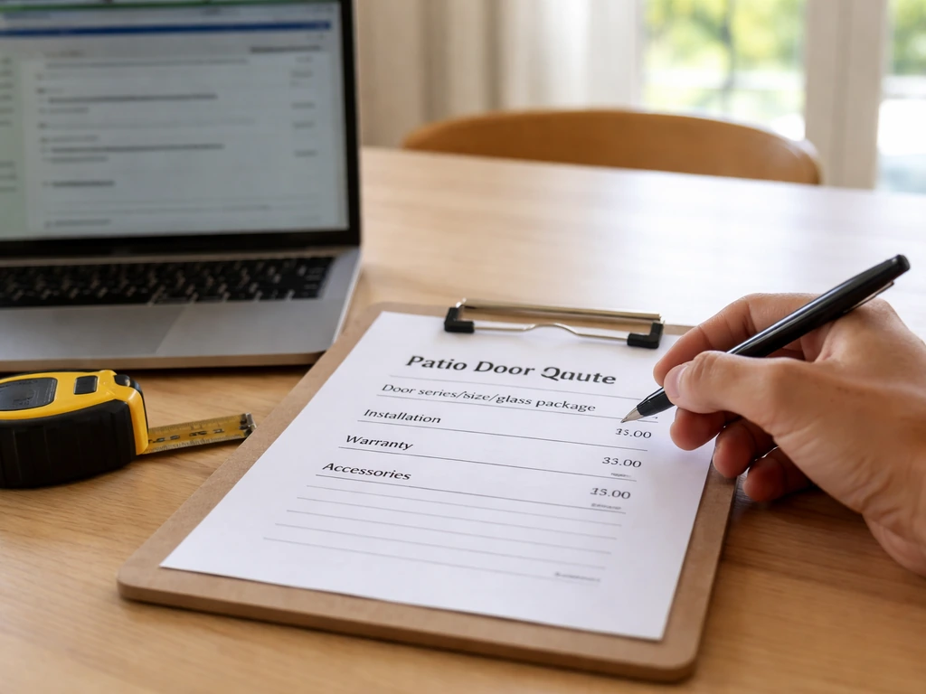 Close-up of a laptop and printed patio door quote line items on a table with a pen and measuring tape.
