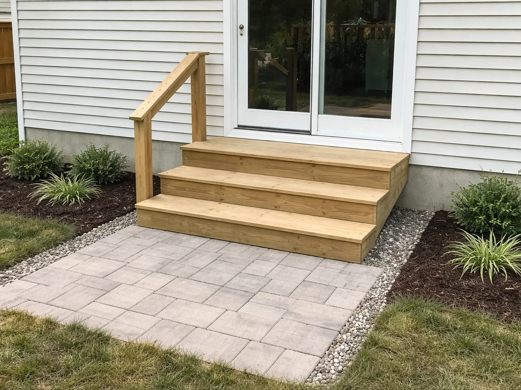 Clean built-in back door steps leading down to a patio with a safe landing and smooth transition.