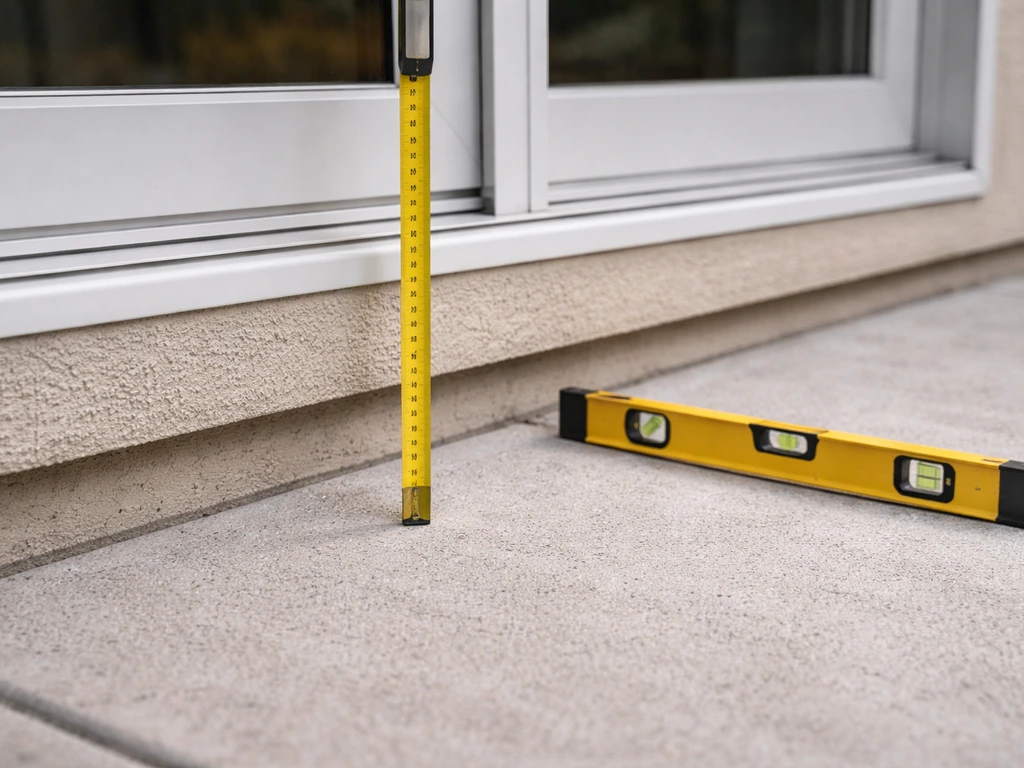 Tape measure hanging from back door threshold while a level rests on the ground for straight measurement.