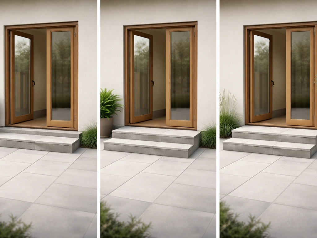 Three simple back-door to patio step layouts with different step counts and a small landing, side-by-side.