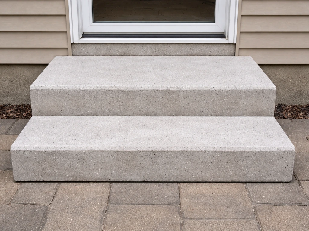 Two aligned precast concrete steps showing correct rise from the threshold toward a small landing.