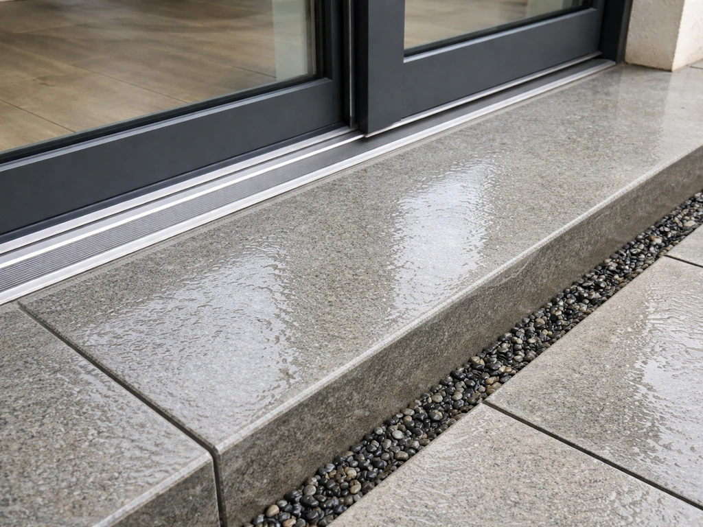 Patio door threshold with a sloped step draining water away from the doorway.