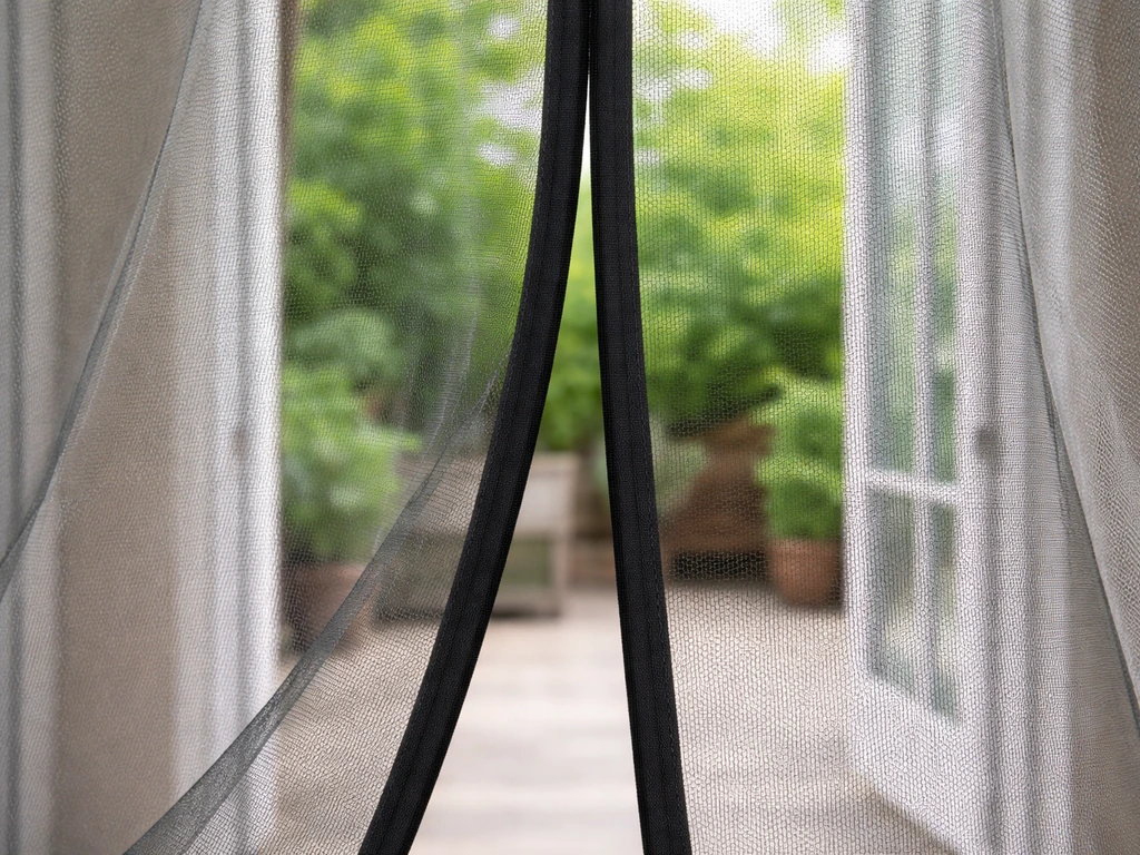 Close-up of a split-panel patio bug curtain mesh stretched across a patio door opening.