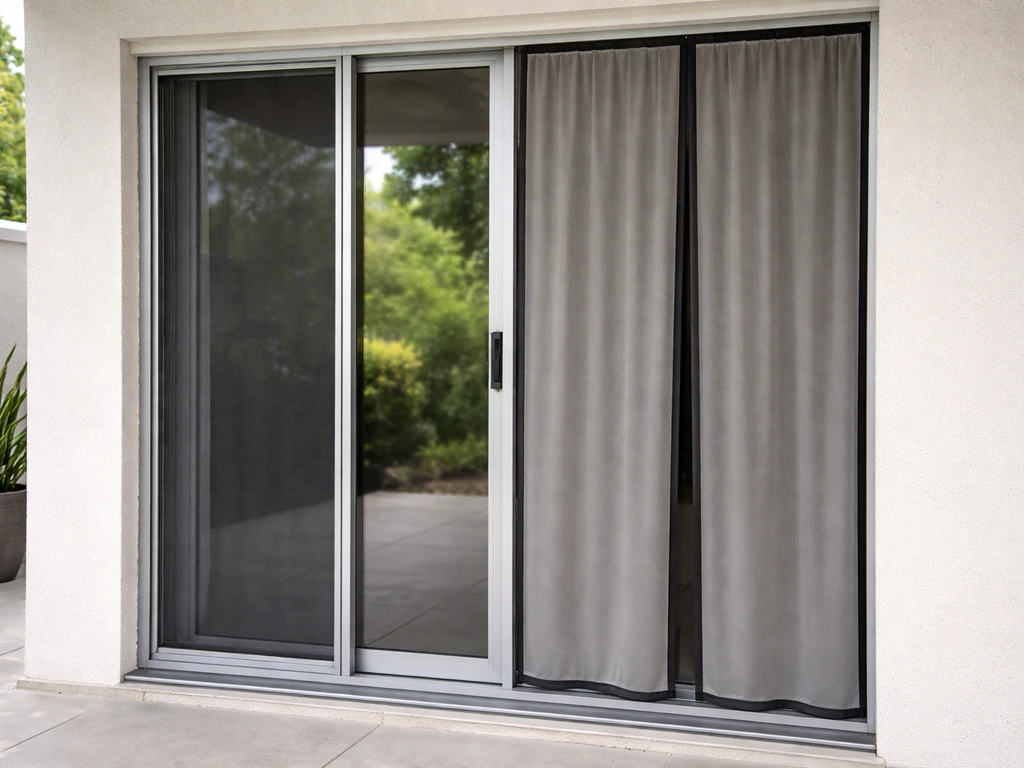 Exterior patio sliding door with existing screen track and a neatly aligned replacement bug curtain