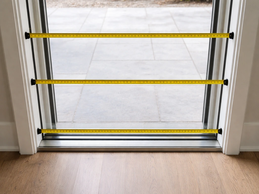 Measuring tape laid across a patio door frame at top, middle, and bottom to show width measurement.