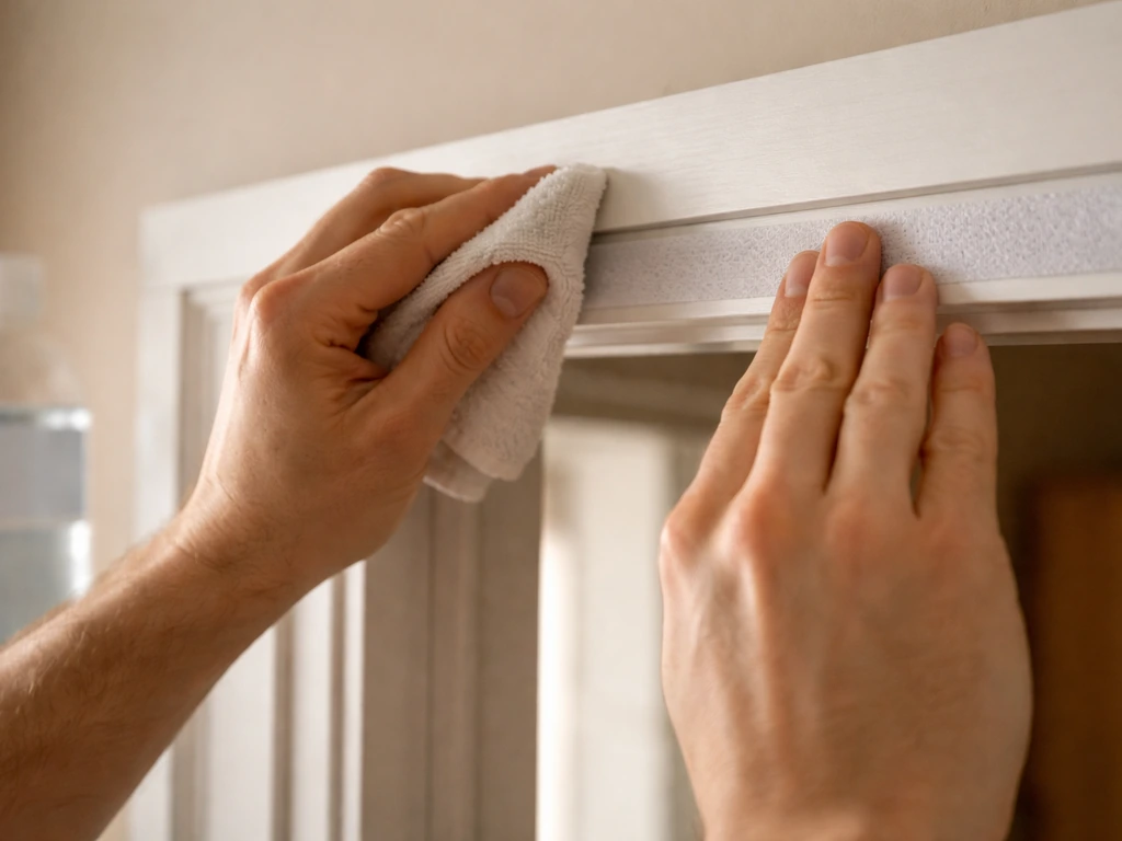Hands clean a door frame with rubbing alcohol and press adhesive hook-and-loop strips in place.