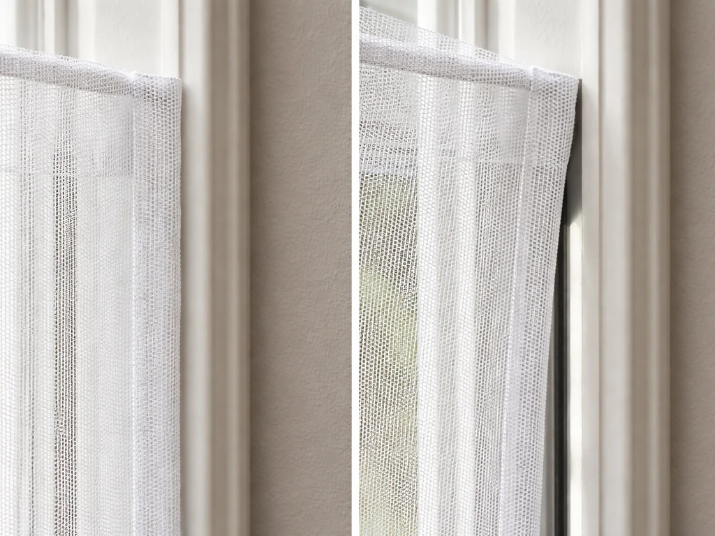 Close-up side-by-side of a bug curtain overlap with a correct seal and an incorrect gap.