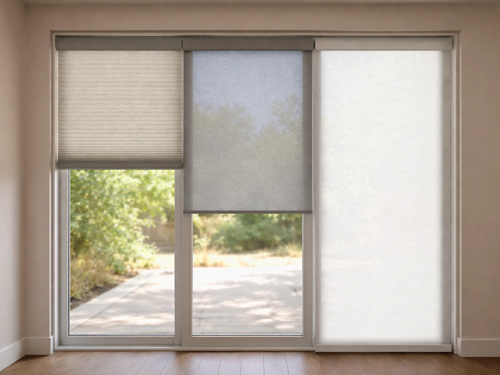 Patio sliding door with three shade options—cellular, solar roller, and light-filtering fabric—against a bright patio.