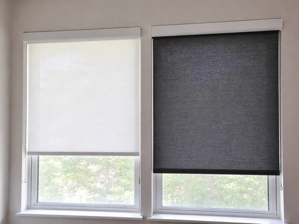 Side-by-side white and charcoal roller shades showing differences in light and heat blocking indoors.