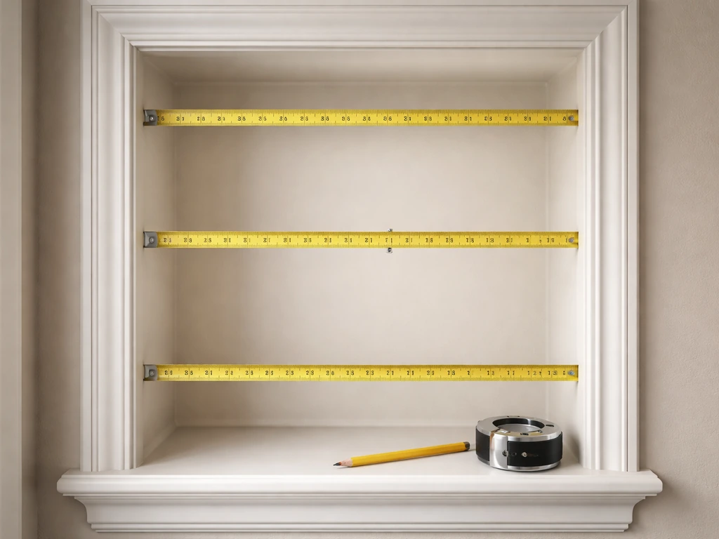 Close-up of inside window opening with a measuring tape at top, middle, and bottom to choose the narrowest width.