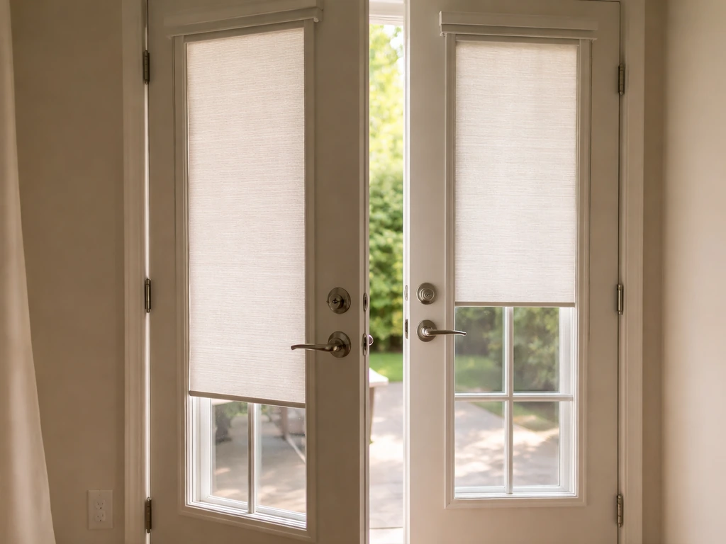 Close view of two open French door panels with a narrow inside-mount window shade fitting the glass area