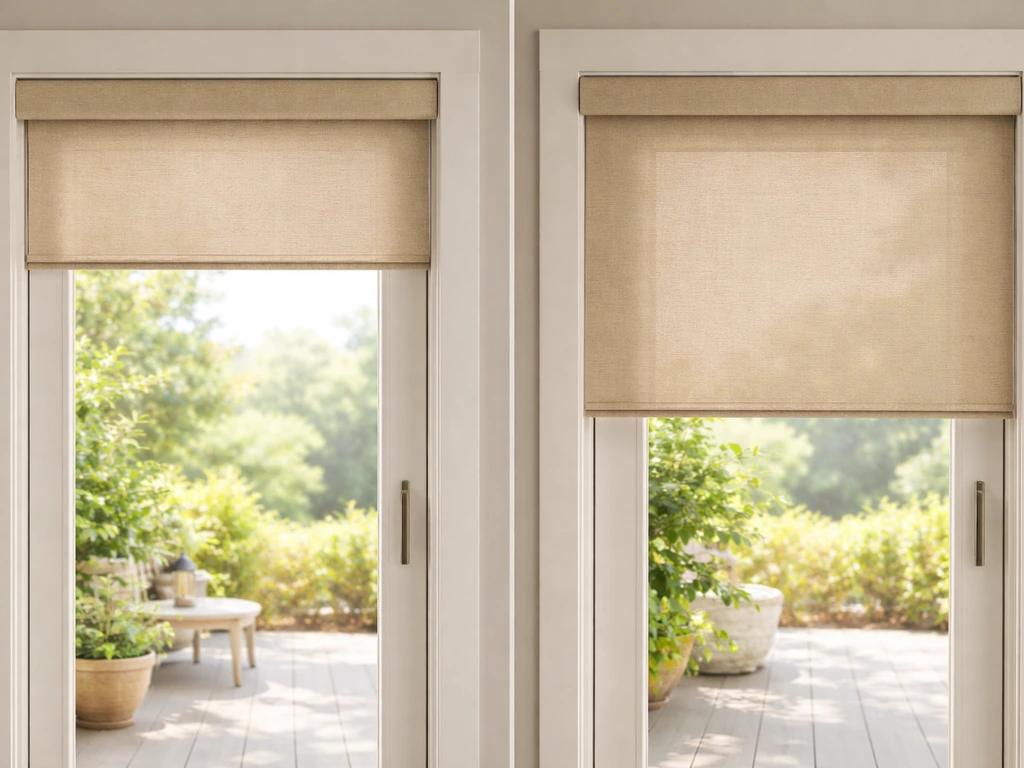 Two blind options shown on a patio door frame: inside-mount with inset coverage and outside-mount blocking light at side