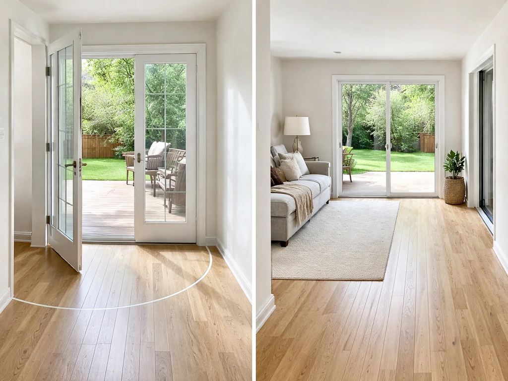 Bright home interior showing French door swing clearance blocking traffic versus clear path to a sliding door