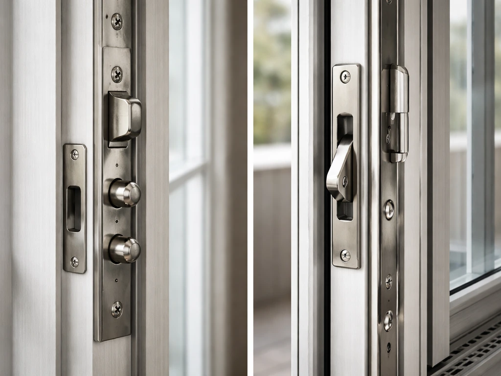 Closeup of multi-point locking hardware on French and sliding patio doors showing security upgrades.