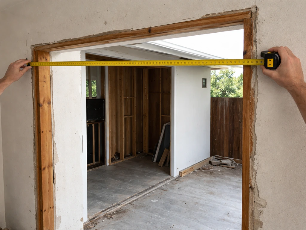 Person measuring rough opening width with a tape measure near a patio door frame
