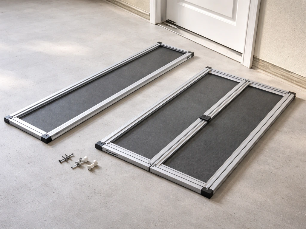 Sliding screen panel and retractable/hinged door screen accessories laid out on a simple floor.