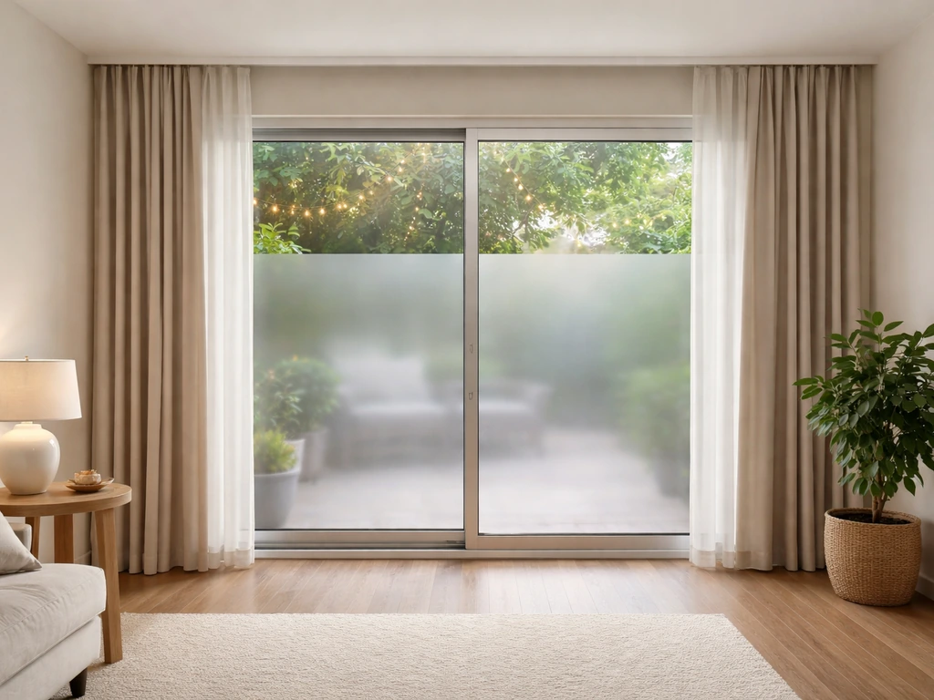 Stylish sliding patio door with sheer privacy film and neatly mounted curtains that clear the tracks.