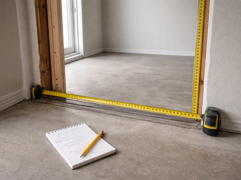 Close-up of tape measures across a rough opening and floor-to-ceiling height for a sliding patio door, with notes.