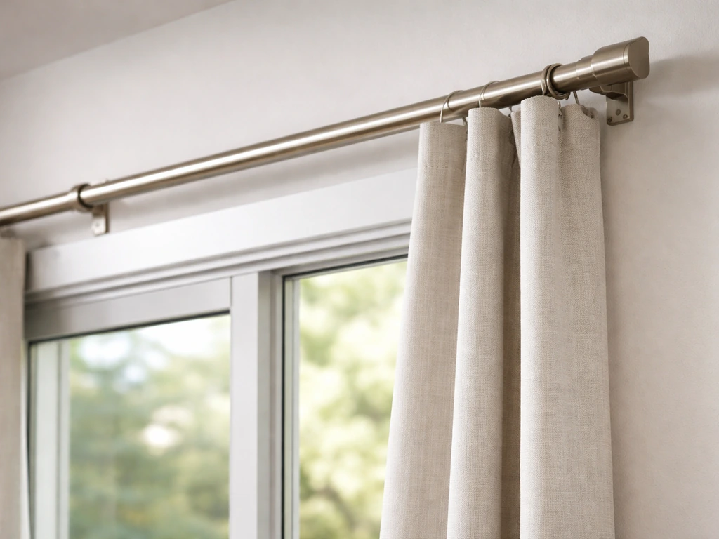 Curtain rod mounted with clear space above a sliding door track so fabric won’t block it.