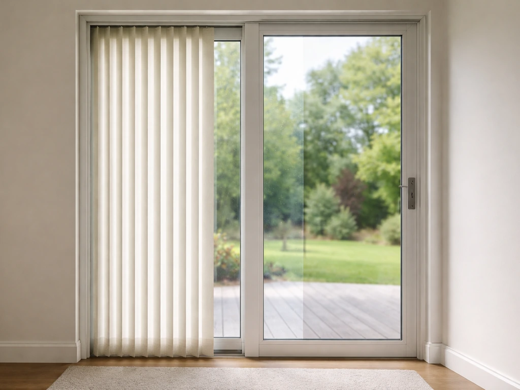 Sliding patio door with vertical blinds partially open and a window film sample on the glass for privacy