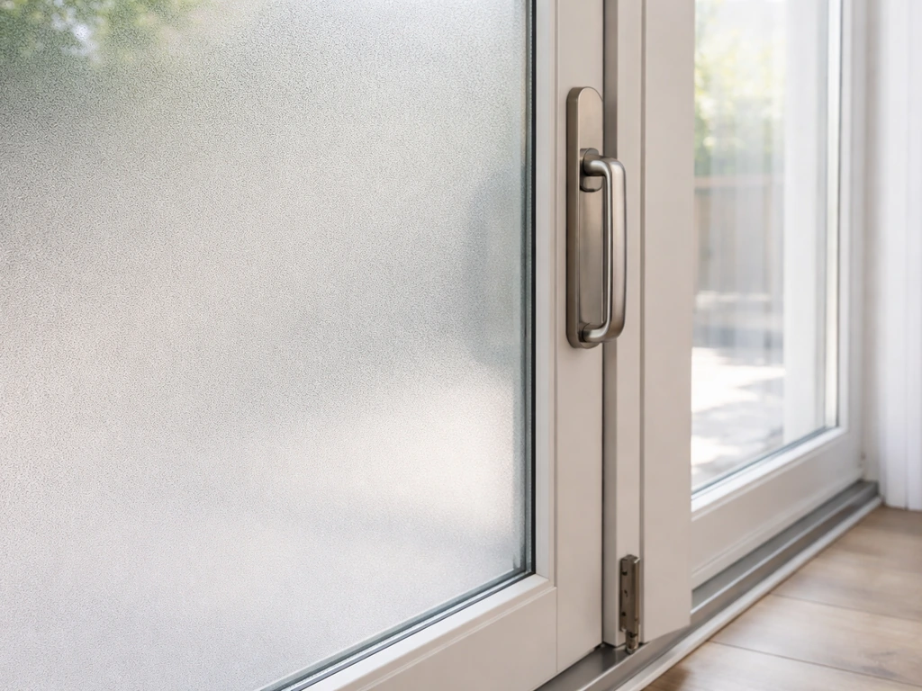 Sliding patio door with security window film and coordinating hardware accents along the track