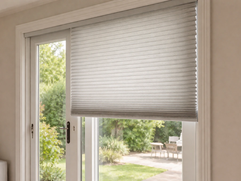 Sliding patio door with a partially open cellular shade showing honeycomb cells for insulation.