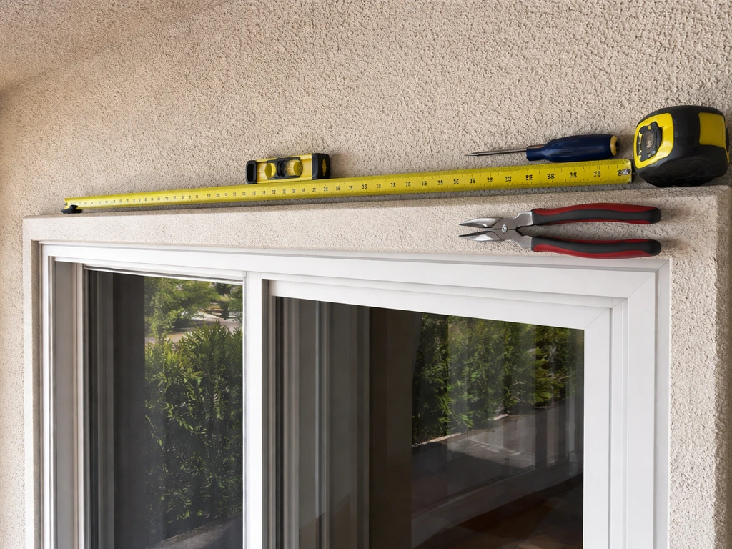 Level and tape measure set on the fascia above a sliding patio door for an outside-mount measurement.
