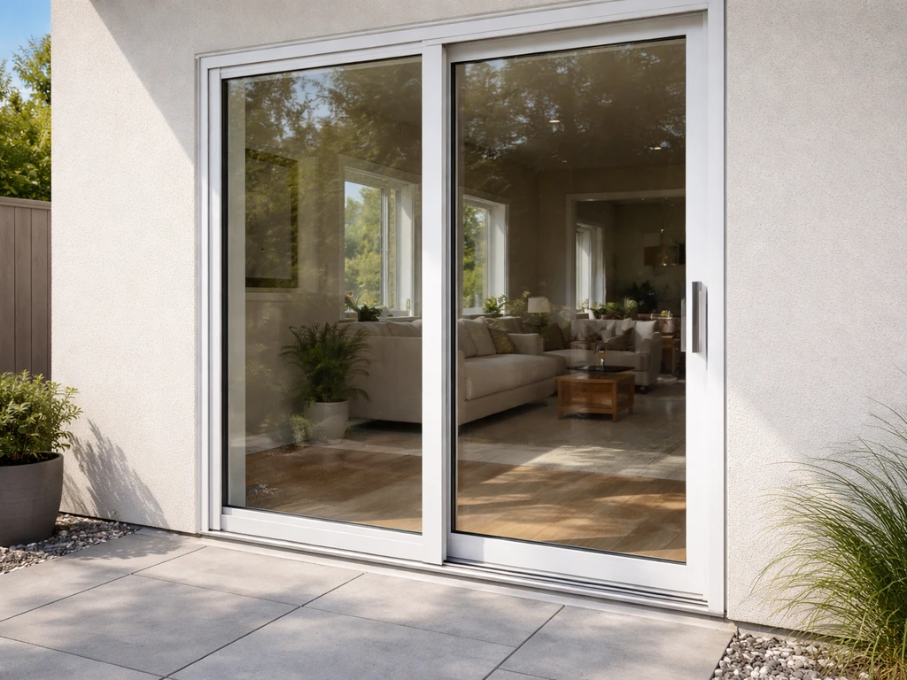Modern home exterior featuring a sliding patio door with clear focus on the track and glass.