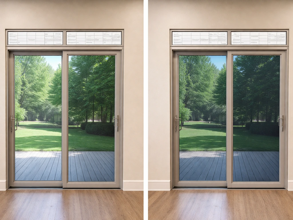 Two labeled sliding patio doors side by side, showing energy performance panels in a minimal showroom.